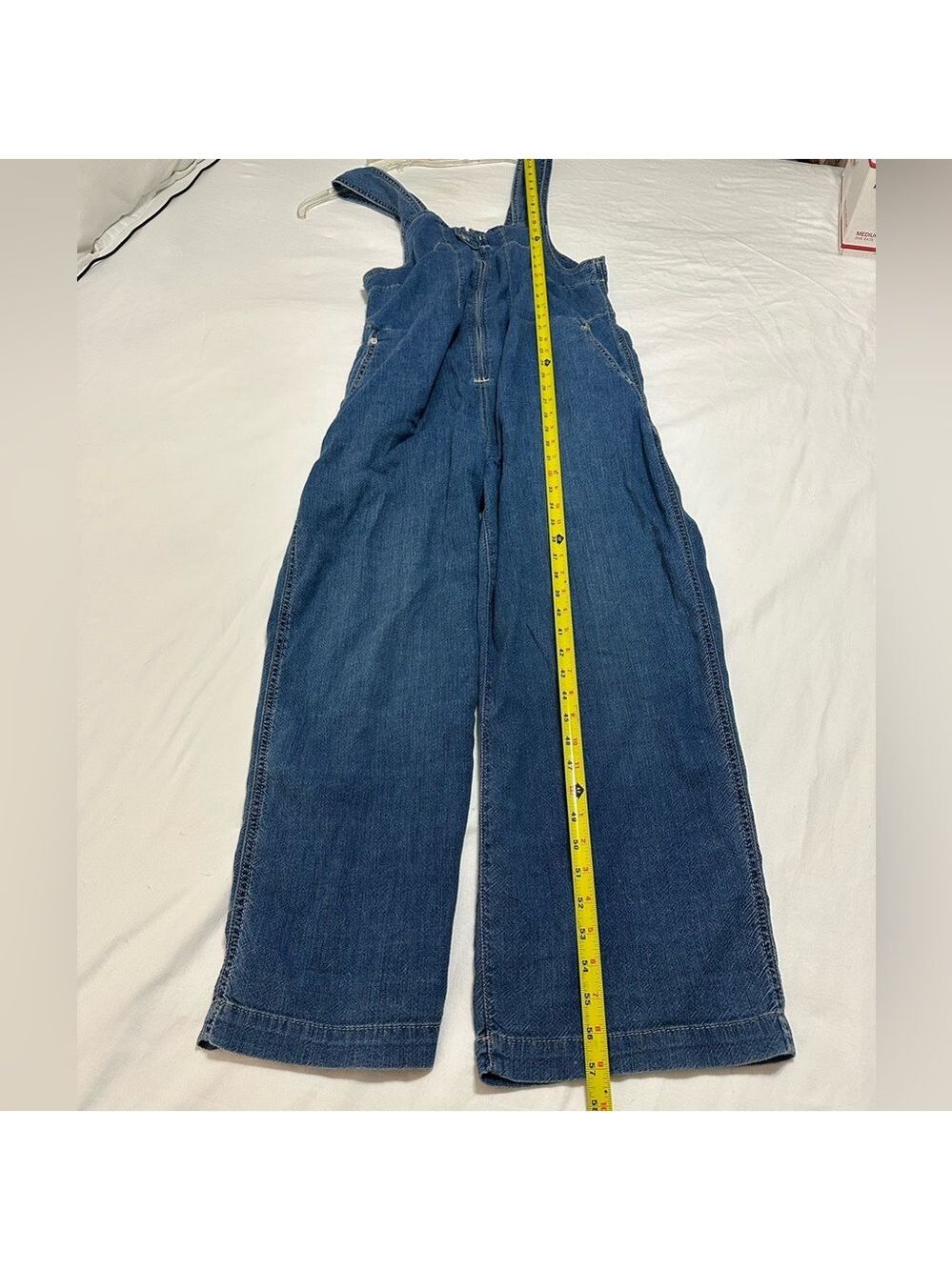 FREE PEOPLE SOFT BLUE DENIM OVERALLS ZIP FRONT SNAP CLOSURE WIDE LEG SIZE MEDIUM - Picture 7 of 14
